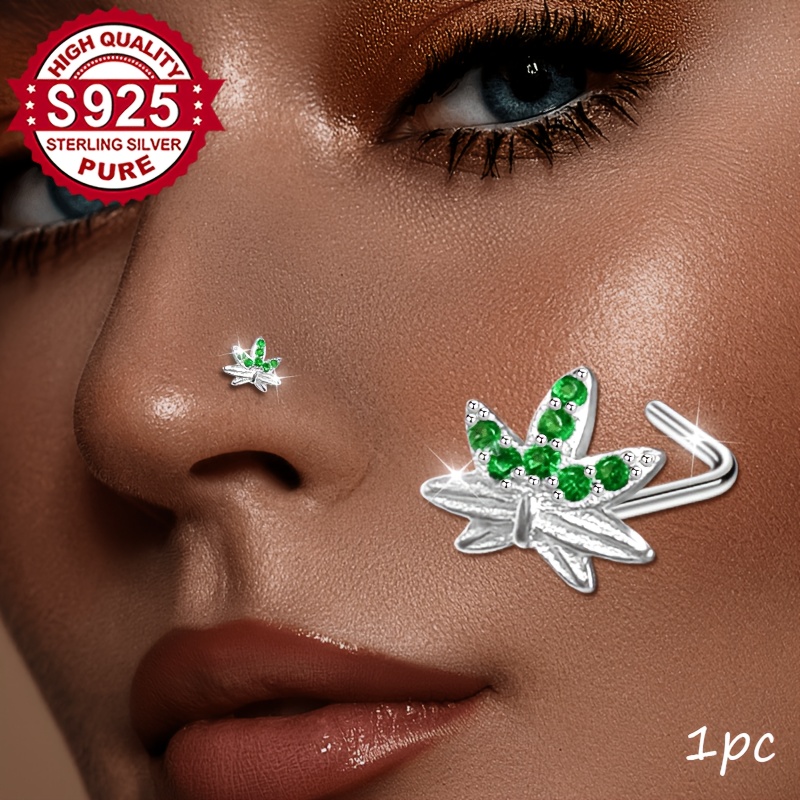 Women's S925 Silver Emerald Green Zirconia Maple Leaf Nose Stud